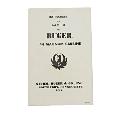 Ruger .44 Magnum Carbine Instruction & Parts List 1966 VTG Rifle Manual READ