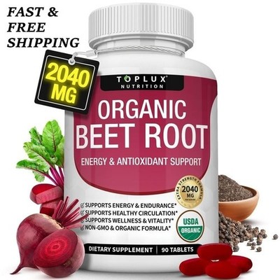 3PCS -TopLux Organic Beet Root 2040mg 90Tablets Energy,Circulation&Antioxidant