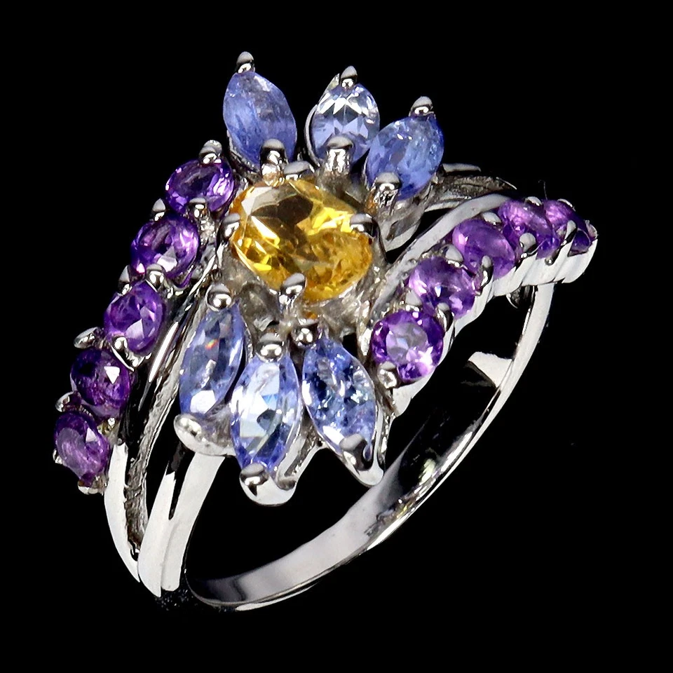 925 Anello Argento Sterling Ovale Citrino 6x4mm Tanzanite Gemma Gioielli Size 7 - Immagine 2 di 4