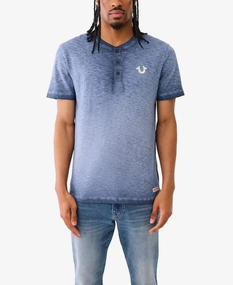 True Religion Men's Short Sleeve Dyed Embro Henley Shirt, Dress Blue, Medium