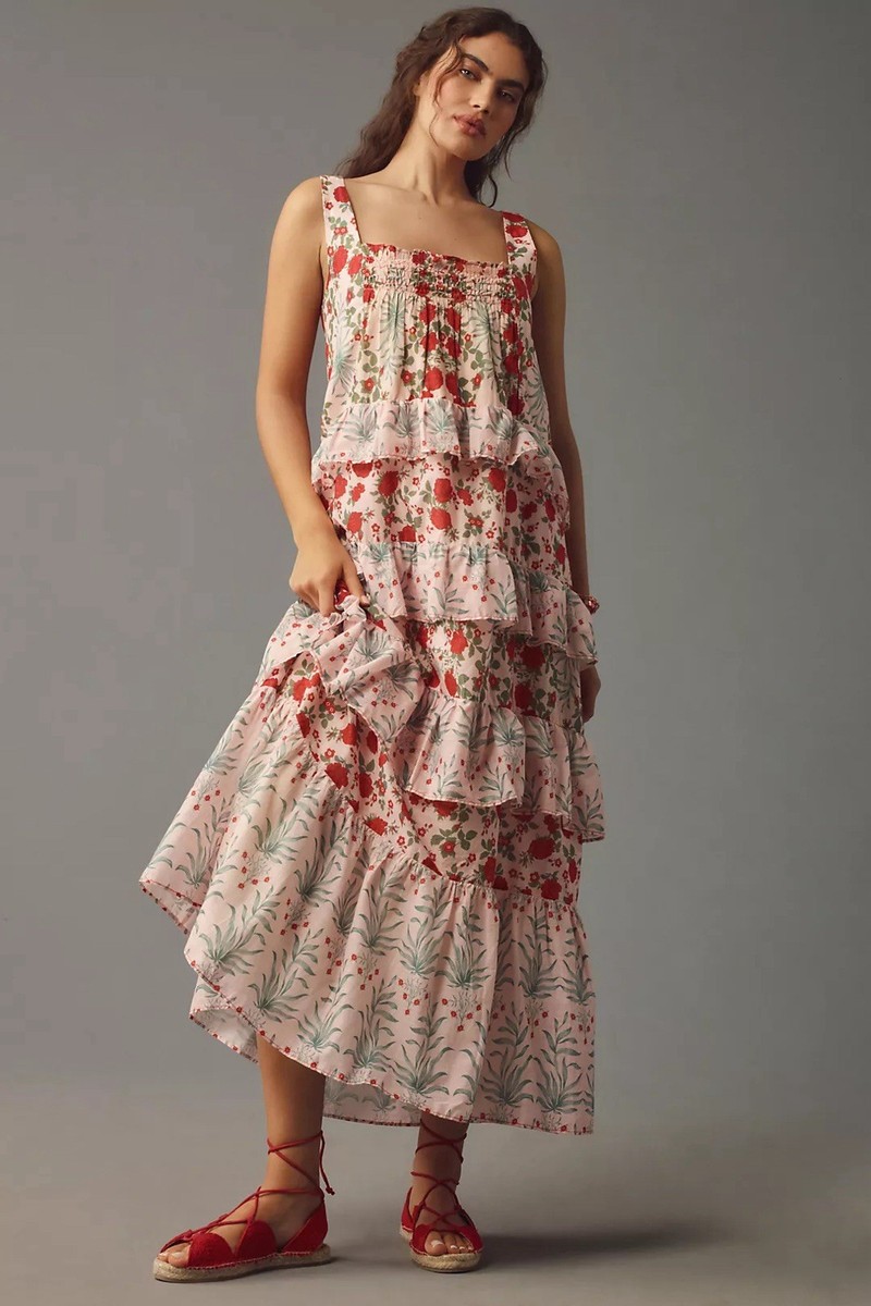 Anthropologie Sleeveless Square-Neck Tiered Maxi Dress Size M | eBay
