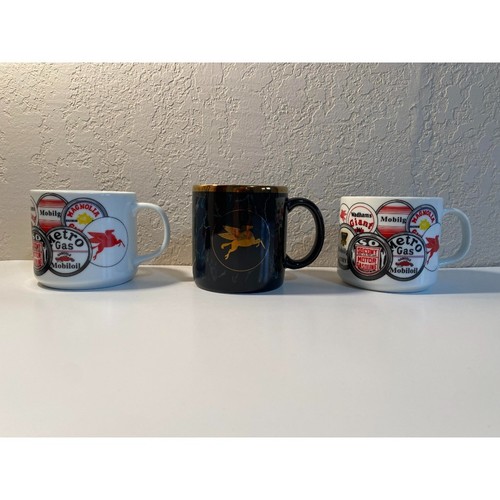 3 Vintage Mobil Gas Mugs - Pegasus - Mobiloil / Magnolia / Socony Colorful Logos