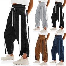 UK Women Wide Leg Elastic Waist Pocket Waterproof Pants Loose Trousers Plus Size