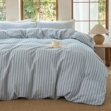 Luxury 100 Washed Cotton Linen Like Duvet Queen Strip-cornflower Blue/White