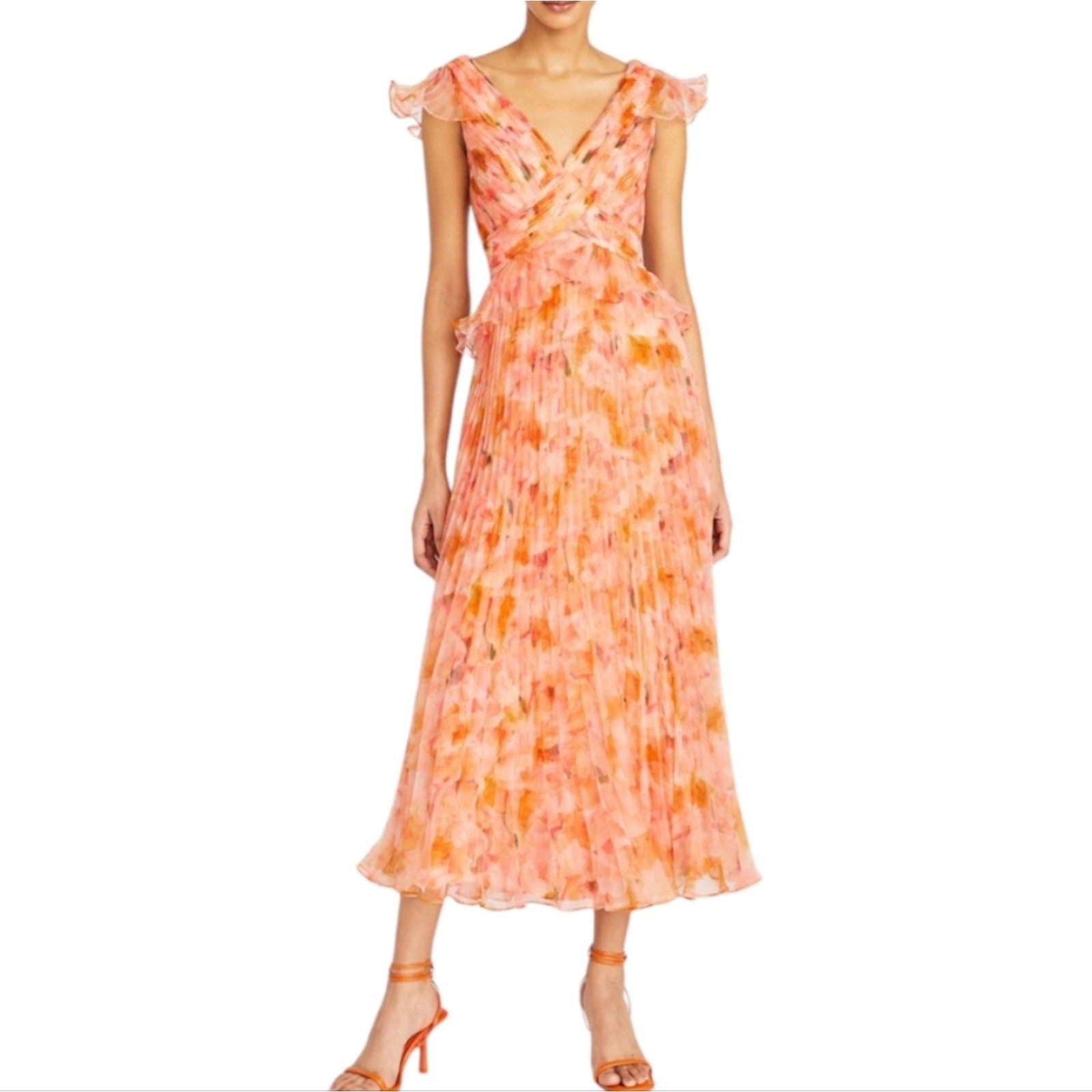 THEIA Holly Pleated Tea Length Gown Fluttering Petals Party Formal Size 0 New