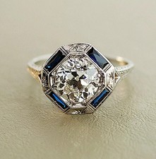 925 Silver Lab Created Diamond  Blue Sapphire Art Deco Style Engagement Ring