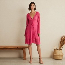 Coquette Romantic Knee Length Dress Pink Lace Shift V-Neck Long Sleeve S
