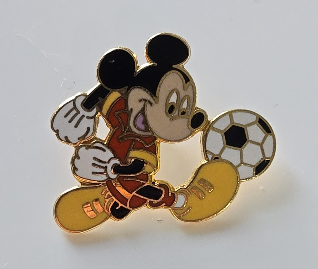 Vintage Disney Mickey Mouse Sports Yellow Blue Uniform Soccer Ball Trading Pin