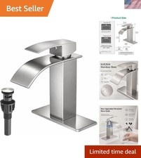 Waterfall Bathroom Faucet, Brushed Nickel 1-Hole with Deck Drain Stainl...