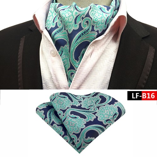 New Classic Men's Ascot Cravat Tie Silk Paisley Blue Scarves Cravat Hanky Set - Afbeelding 33 van 45