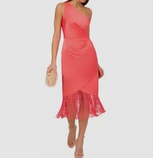 Adrianna by Adrianna Papell Womens Pink Satin Fringe One Shoulder Dress Size 4