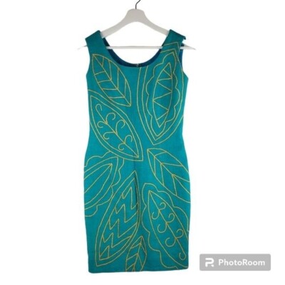 Santa Fe Sheath Dress Womens 6 Aqua Green Ramie Gold Embroidered Leaves Tropical | eBay Santa Fe Sheath Dress Womens 6 Aqua Green Ramie Gold Embroidered Leaves Tropical | eBay