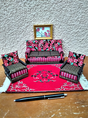 Miniatur 1:12 Sofa 2x Sessel Teppich Bild passend für MacKenzie Childs Stil OOAK