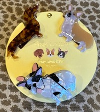 NWT Pink Linen DOG Hair Clips Set of 3 Corgi Dachshund Stay Paws-itive