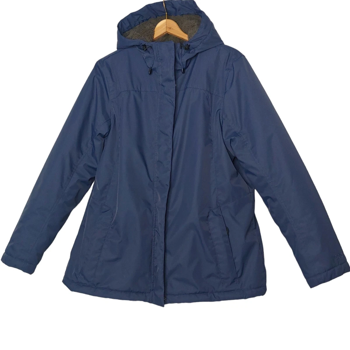 LL Bean Womens L Regular Winter Warmer Jacket Blue Nylon Insulated Sherpa Lined