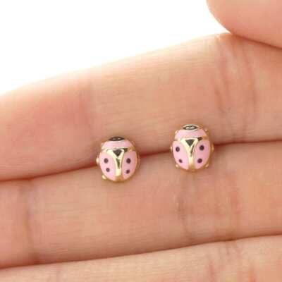 14K Yellow Gold Pink Enamel Ladybug Screw Back Stud Earrings 7mm