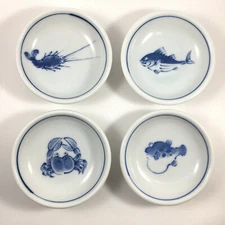 4 PCS. Japanese 3.5"D Soy Sauce Dipping Dish Shrimp Fish Crab Fugu Made in Japan