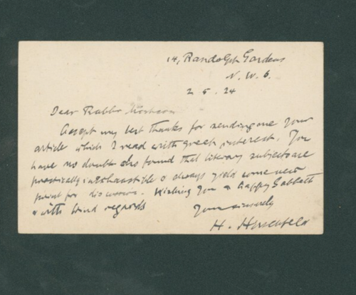 Autogramm Jewish Scholar 1924 - Dr. H. Hirschfeld an Rabbi Hyamson, London