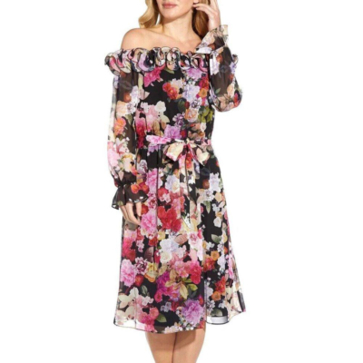 white christmas dresses One Shoulder Tiered Floral Chiffon Gown in Blue Multi main image 0