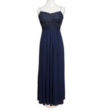 Adrianna Papell Navy Blue Beaded Maxi Dress Sweetheart Bodice Flowy Skirt Size 6