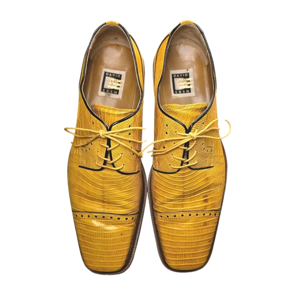 David Eden Teju Lizard Leather Dress Shoe Size 10 Yellow Oxford Square Toe Spain - Image 2 of 4