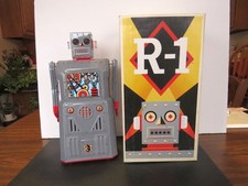 Battery Operated Bump N Go Tin R-1 Robot One w/ Box Rocket USA, 2000 WORKING