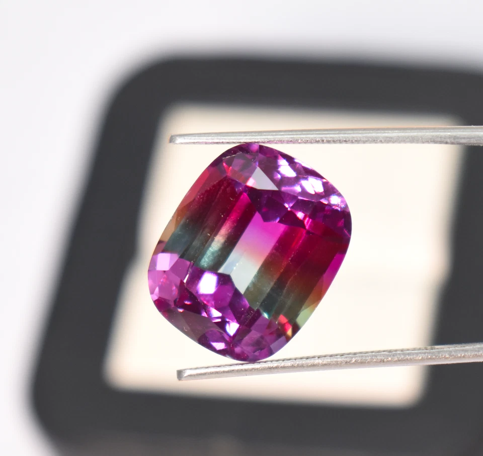 实验室三色紫色绿色粉红色碧玺气垫宝石 16X13 毫米完美无瑕 — 第 4/4 张图片