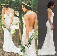 Sexy Boho Beach Lace Wedding Dress Spaghetti Straps Sheath Backless Bridal Gowns
