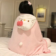 Hello Kitty Pink  White Hooded Throw Blanket, OS, Cartoon Character Theme-New