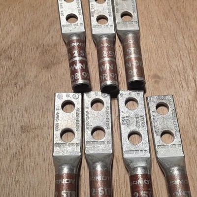 Lot of 7 Burndy YA2C-2TC14 Two Hole 2 AWG Brown 1/4'' Stud Crimp Lugs Copper Long