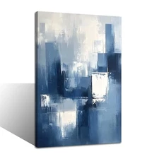 Blue Grey Framed Wall Art Minimalist Blue Canvas Paintings Modern Abstract Gr...