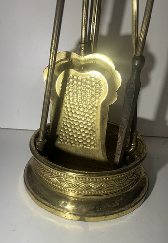 Vintage 4 Piece BRASS FIREPLACE POKER SET~Fire Tool*Tongs*Shovel*Round Base - Picture 4 of 24