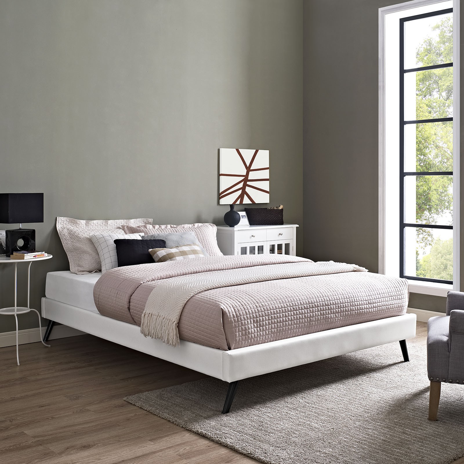 Helen Vinyl Full Bed Frame with Round Splayed Legs in White