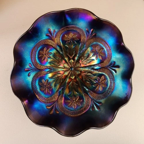 Dugan Flowers and Frames Electric Black Amethyst Carnival Glass Compote Bowl