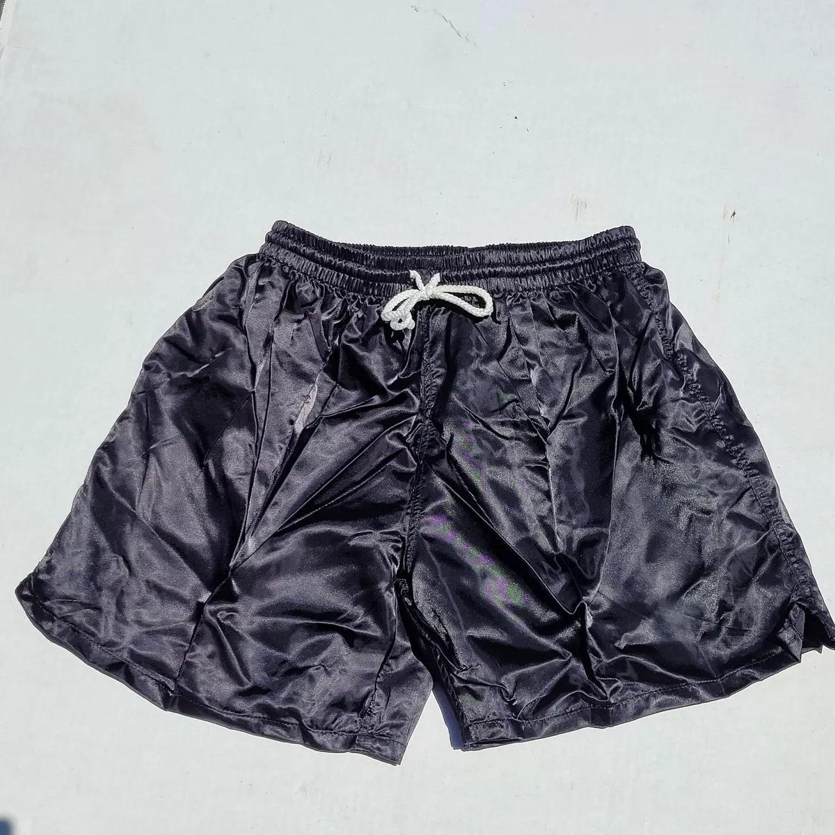 Mens 80s 90s Shiny Black Satin Nylon Soccer Shorts Size L/XL Glanz