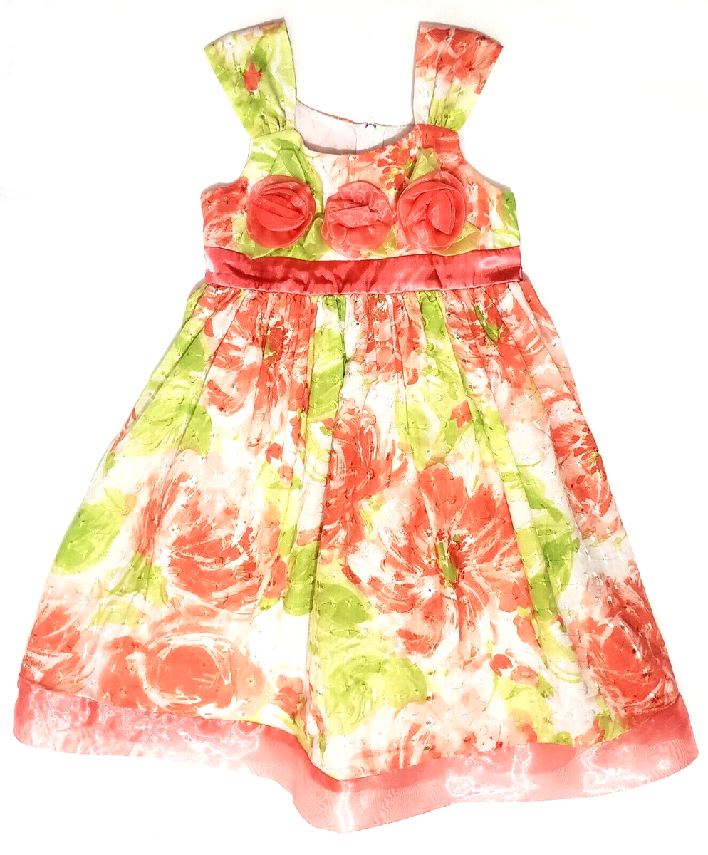orange easter dress Chiffon Lined Dress Puff Sleeve Orange Pink Floral Elastic Midriff Easter D6