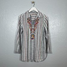 Soft Surroundings Women M Aruba Tunic Blouse Striped Embroidered Floral Boho