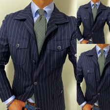 Navy Blue Pinstriped Men Safari Jackets Causal Vintage 2 Pcs Hunting Jacket