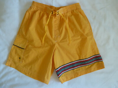 LN Vtg 90s Speedo Men L Yellow Swim Trunks Surf Board Shorts 22'' Long w/Leg Trim