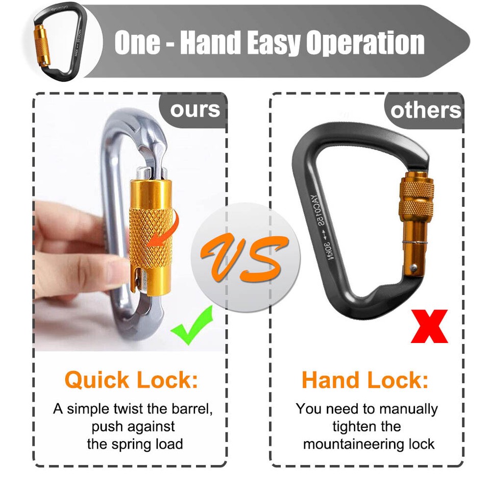 30KN Heavy Duty Auto Locking Climbing Carabiner Aluminum D Ring Clips ...