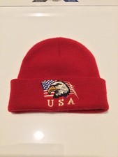 USA Embroidered American Flag With Eagle Beanie Knit Toboggan Red