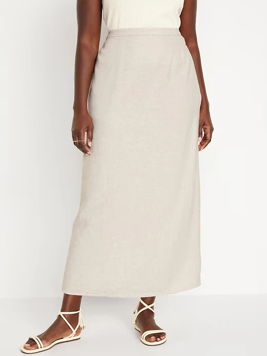 Old Navy Linen-Blend Maxi Skirt Womens L Petite Natural Beige Side Zip Slit NEW