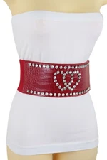 Women Red Elastic Wide Belt Hip High Waist Silver Heart Fancy Bling Look Fit S M