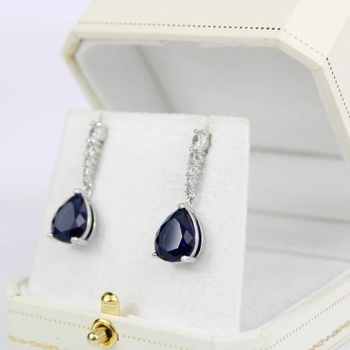 925 Sterling Silver Blue Sapphire Earring, Engagement Earring 10 - Picture 2 of 3