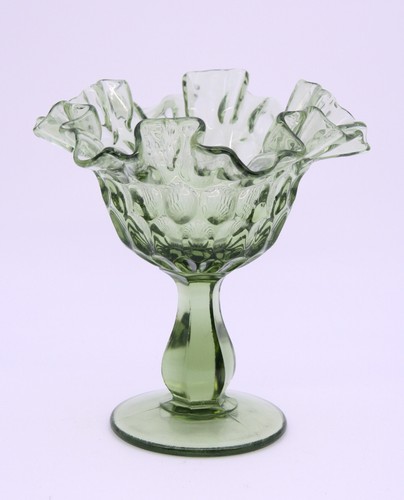 Fenton Thumbprint Candy Dish Olive Green Glass Ruffled Edge Pedestal - Picture 5 of 9