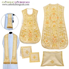 WHITE CREAM SILK Spanish Fiddleback Vestment & mass set Vintage Embroidery NEW