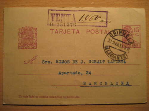 Orihuela Alicante 1935 A Barcellona Matrona Repubblica Cartolina Intero Stati - Zdjęcie 1 z 1