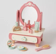 Heirloom Wooden Play Makeup Vanity Table Set W/ Accessories Dressup Wood Toys