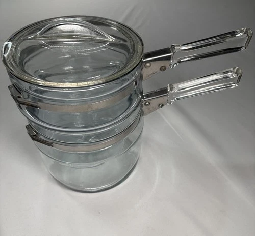 Pyrex Flameware Double Boiler 6763 U & L Upper And Lower With Lid Glass Pot VTG