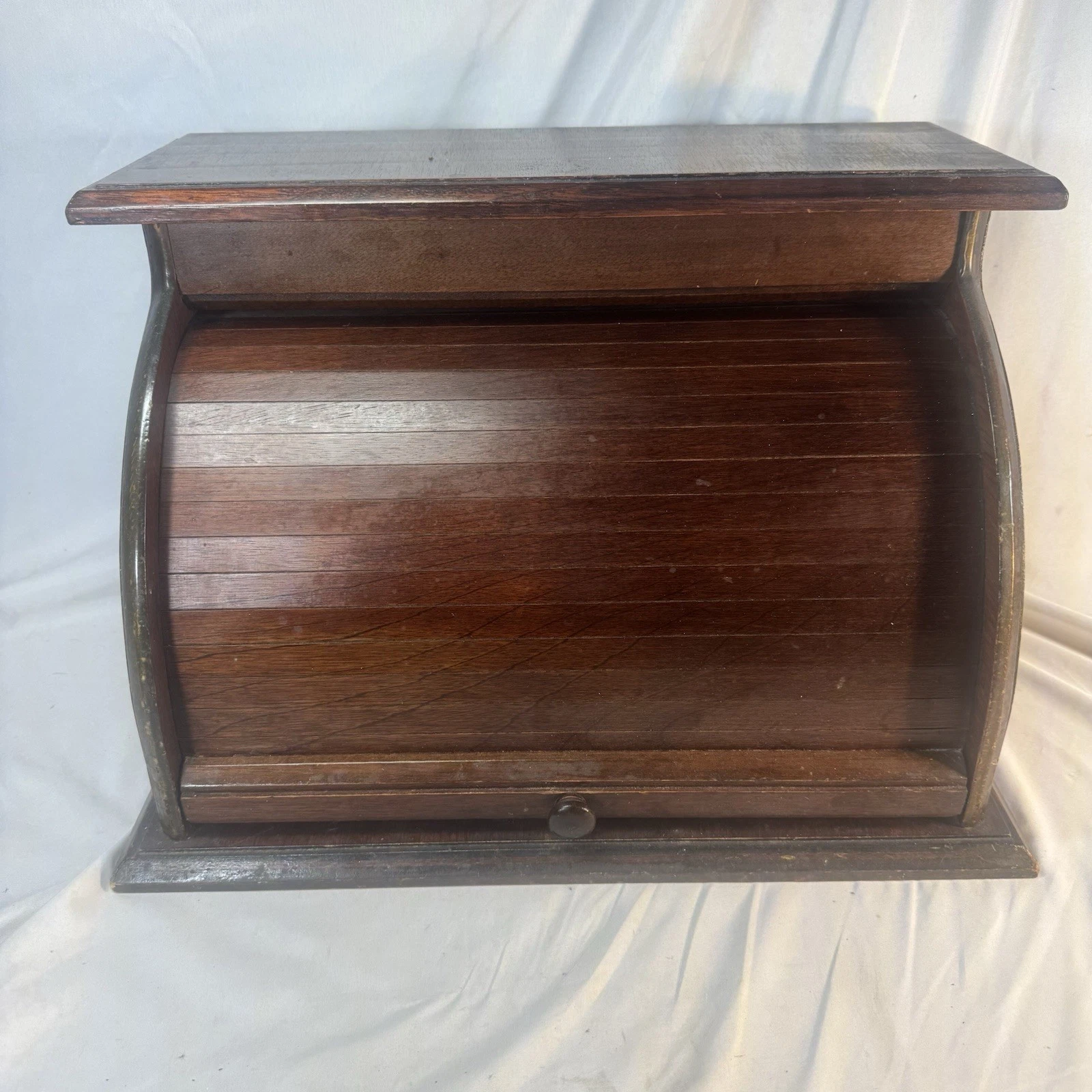 Vintage MCM Roll Top Bread Box Primitive Rustic Farmhouse Dark Wood